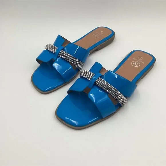 Women's Blue Rhinestone Cross Strap‎ Sandals Size 9 by Unbranded - Picture 7 of 8